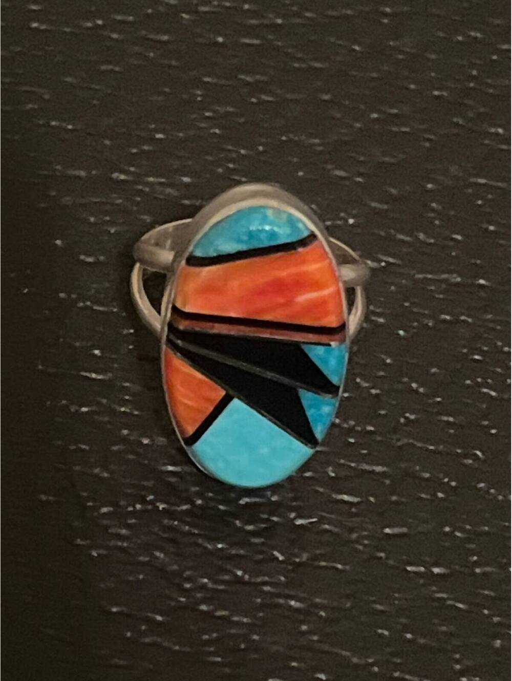 Navajo handmade cluster turquoise inlay sterling silver inlay ring size 7.75